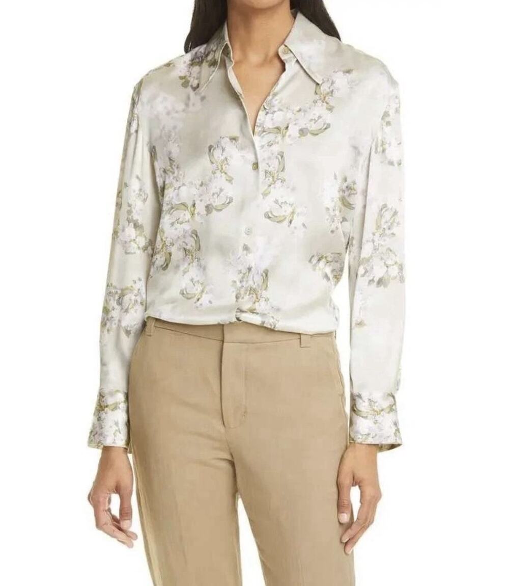 Vince Womens Silk Hazy Blossom Floral Button Down Blouse Long Sleeve
